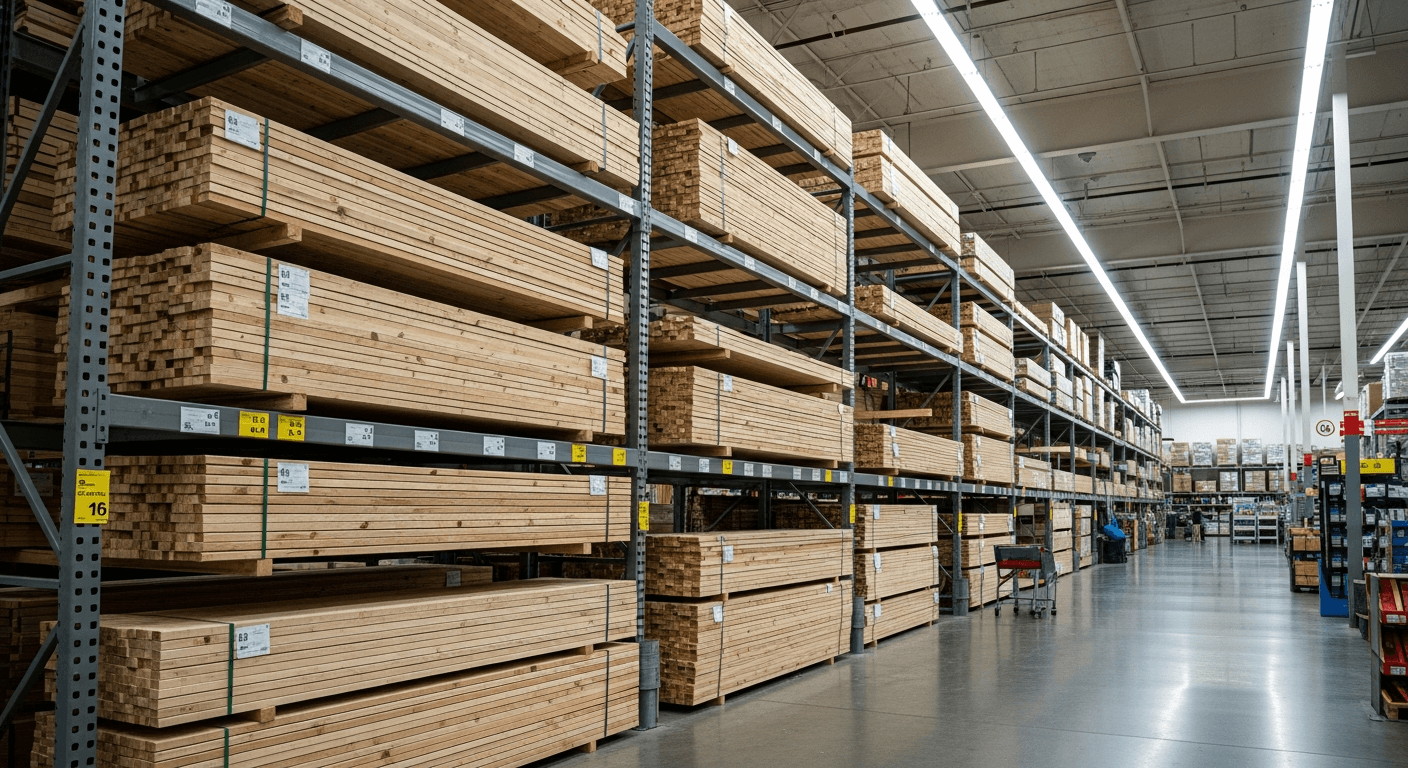 Interior aisle of a big box hardware store lumber section with dimensional boards on shelves