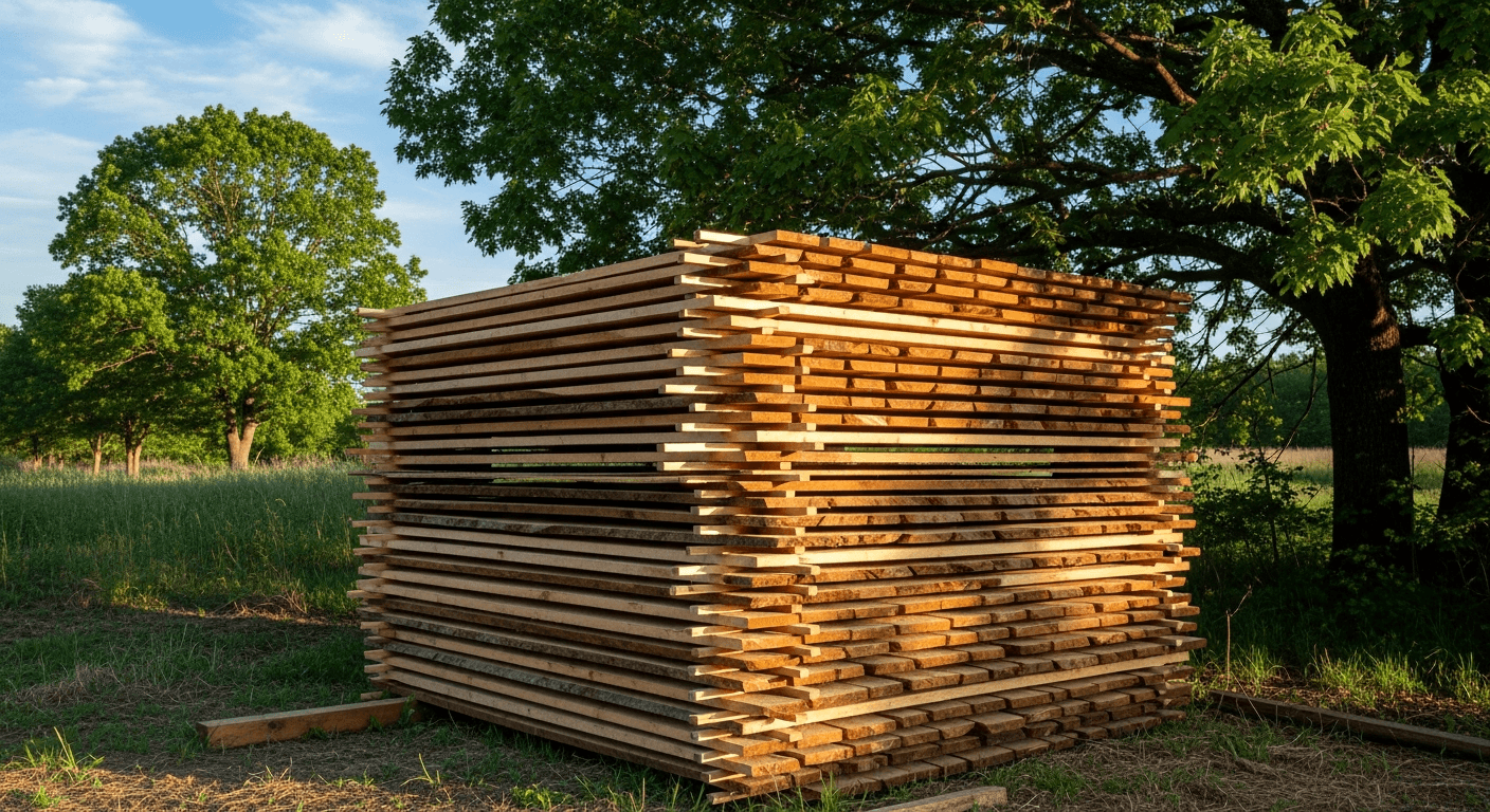 Freshly milled lumber stacked with stickers for air drying