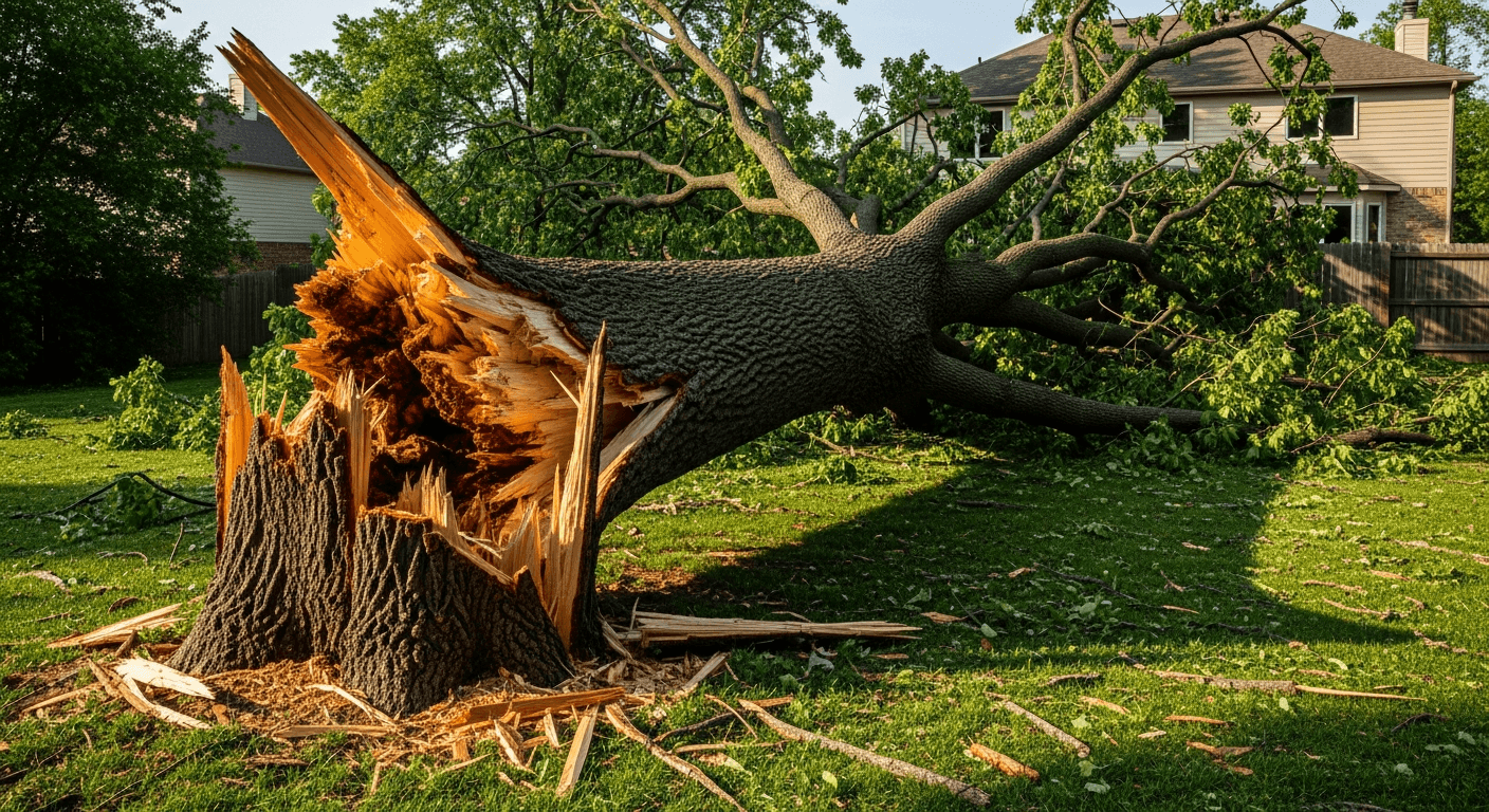 A large fallen oak tree lying across a suburban backyard after a storm