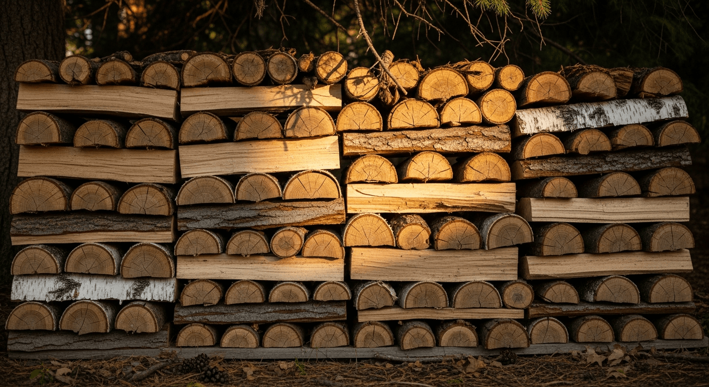 A neatly stacked cord of split firewood