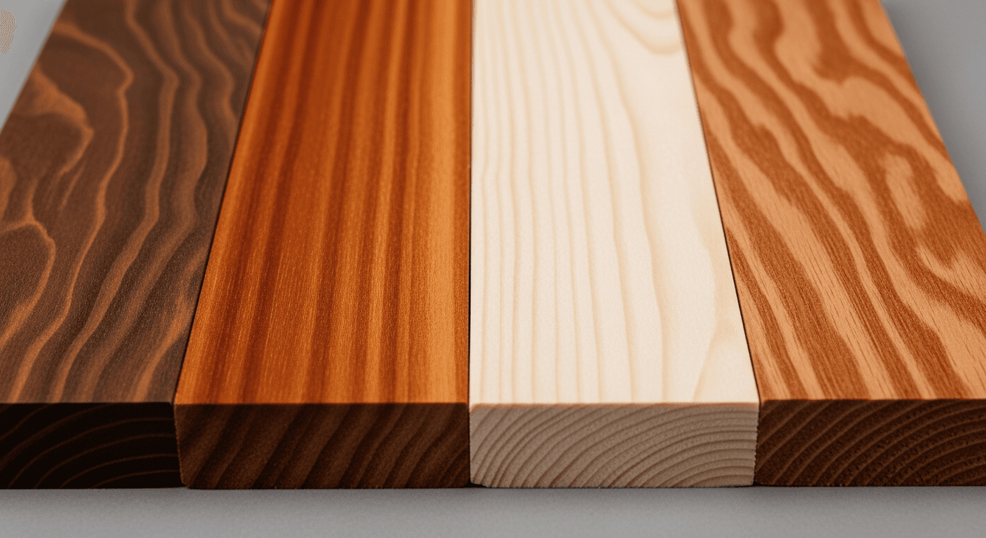 Different hardwood species samples showing walnut, cherry, maple, and oak grain patterns