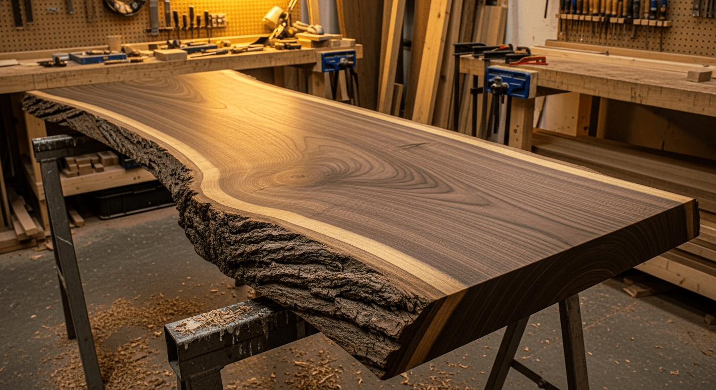 A live edge walnut slab in a woodworking shop