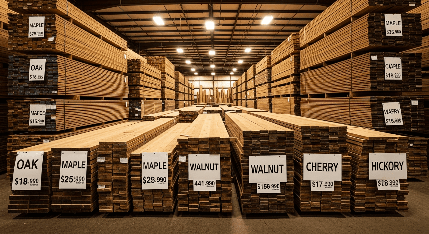 Interior of a local lumber yard with rows of stacked hardwood boards organized by species