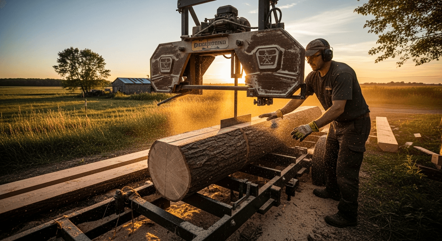 A portable band sawmill cutting a large log into lumber boards